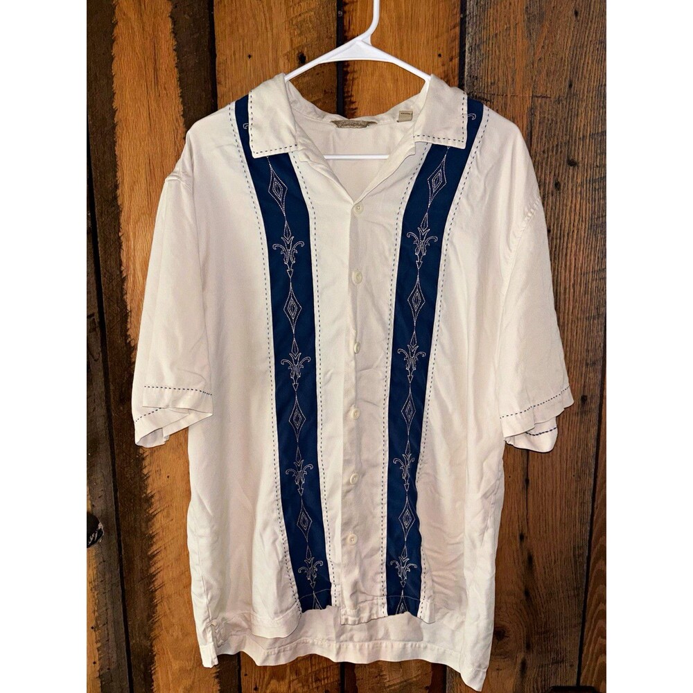 Paradise Collection Mens 100% Silk Embroidered SS Button-Up Shirt L